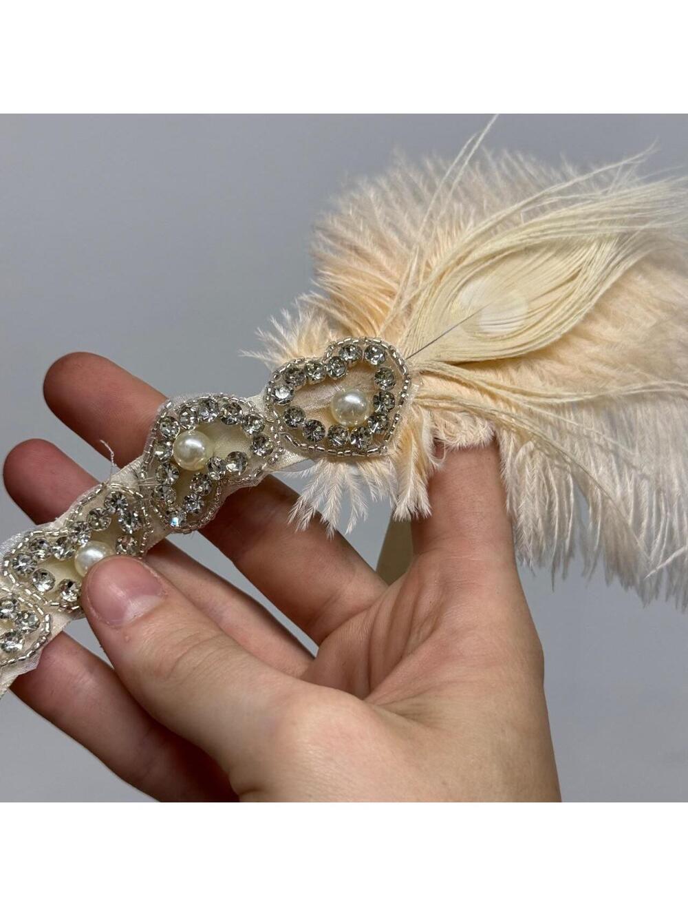 Pastel Peach Feather & Pearl Rhinestone Heart Flapper Headband - Picture 2 of 6